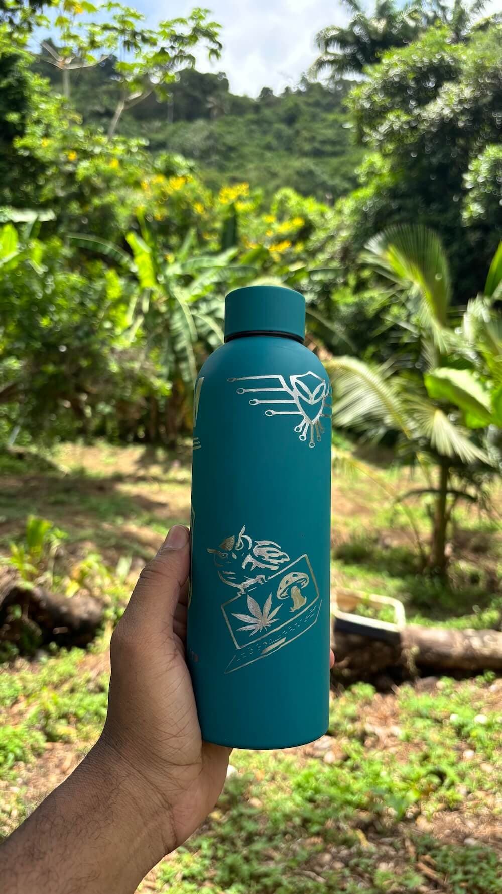 Custom etched bottle commission, outdoor shot