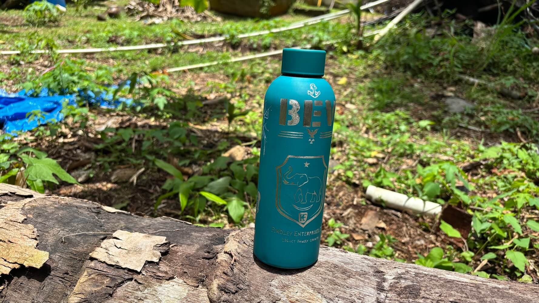 Custom etched steel bottle on a log, 'BEV' wordmark with elephant crest